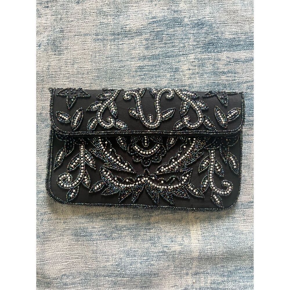 Black Silver Iridescent Floral Beaded Fold Over Magnetic Closure Clutch Bag